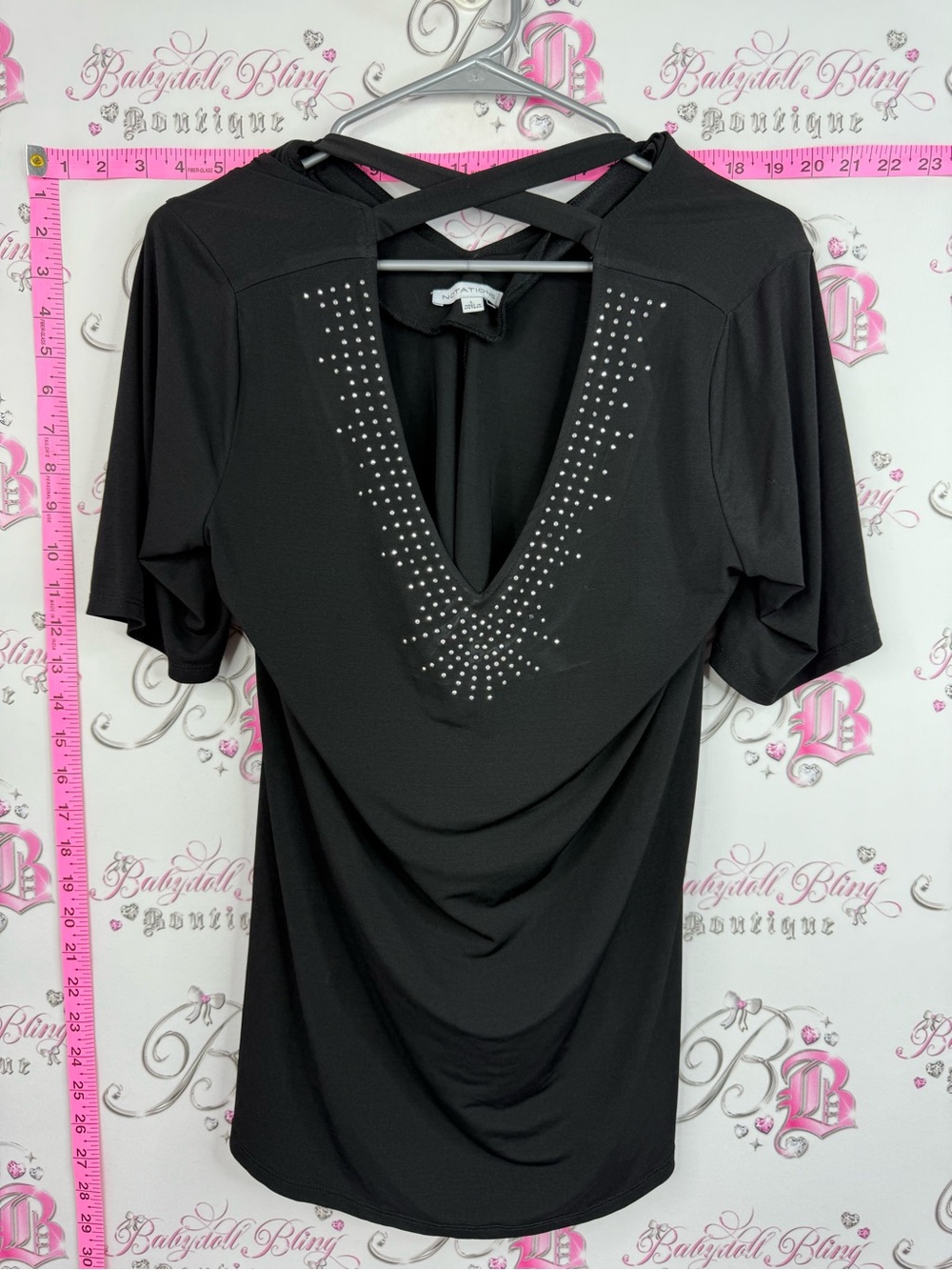 Notations Black Short Sleeve V-Neck Top with Stud Accents and Crisscross Back